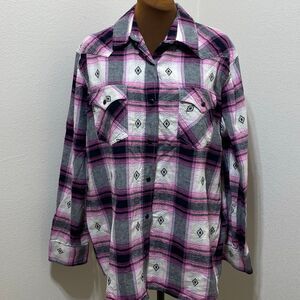 Wrangler Retro Women’s Pearl Snap Shirt XL Pink Black Plaid Western Cowgirl
